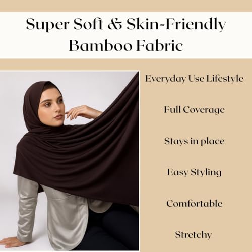 Premium Bamboo Jersey Hijab Scarves -Turban Head Wraps for Women, Fashion Headbands Long Plain Muslim Shawls - color: Coffee Brown