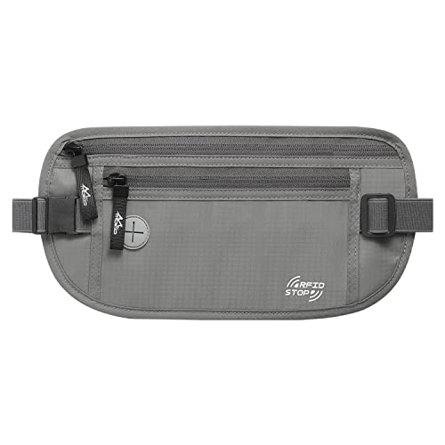 MoKo Travel Money Belt with RFID Blocking, 3 Pockets, Gray | Slim 210D water-resistant nylon design fits discreetly under clothing; adjustable strap fits 28-50 in waists - color: Gray, size: Waist for 28"-50"