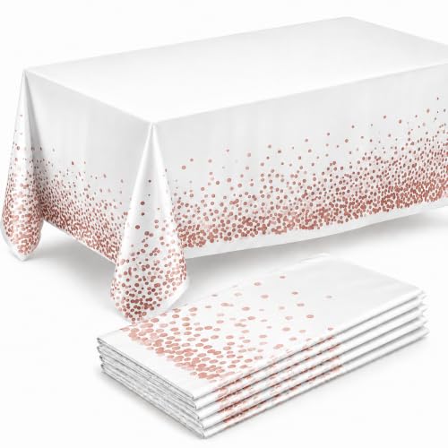 Prestee Rose Gold Plastic Table Cloth Disposable, 4 Pack - 54x108 Inch Rectangle Tablecloths for Wedding and Party - Heavy-Duty, Waterproof Table Covers - Pink and Gold, for Birthday or Fine Dining - color: White/Rose Gold, size: Rectangle (4 Pack)