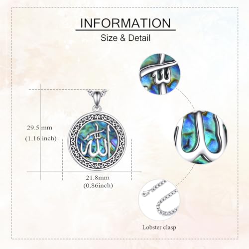 URONE Allah Necklace 925 Sterling Silver Abalone Shell Pendant Allah Jewelry Gift for Women Men