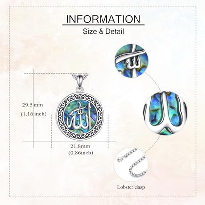 URONE Allah Necklace 925 Sterling Silver Abalone Shell Pendant Allah Jewelry Gift for Women Men