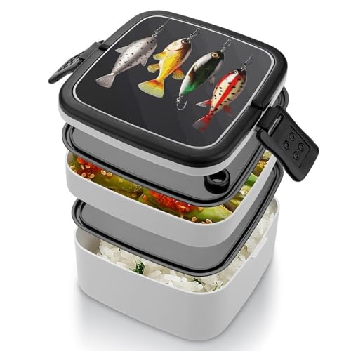 Various Type of Fishing Baits Lunch Box Snack Containers with Lids, 2 Compartment Snackle Box Container, Leak-Proof Reusable Food Storage Container for Travel, Meal Prep, Camping, 1000ml