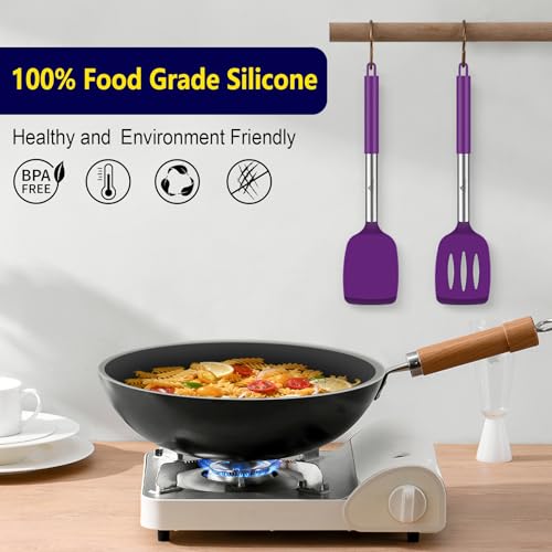 HOTEC Silicone Spatula Set of 2 Heat-Resistant 600°F & BPA-Free Kitchen SaptulaTurner with Stainless Steel Handles, Slotted & Solid Spatulas for Nonstick Cookware, 13.7 Inch, Purple - color: Purple
