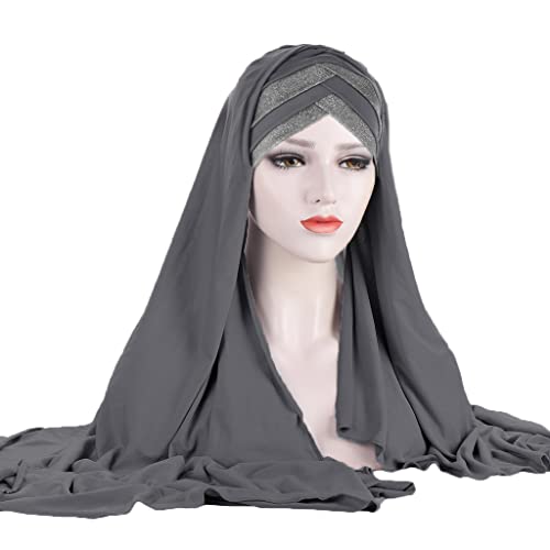 Women Soft One Piece Hijab Long Muslim Turban Islamic Full Head Scarf - color: Grey/Shiny