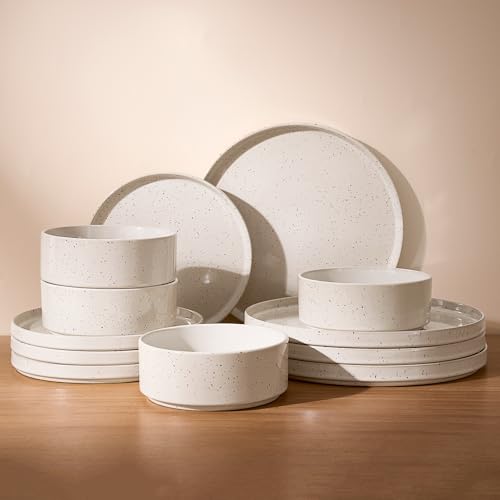 Famiware Nebula 12-Piece Stoneware Dinnerware Set, Creamy White - color: Creamy White with Colorful Speckles, size: Service for 4 (Standard Dinner Set)