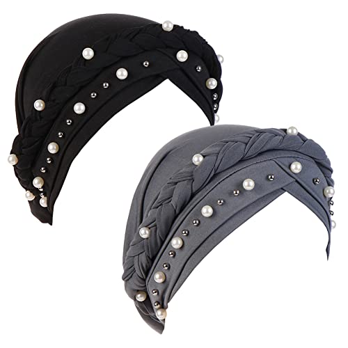 Fxhixiy Women Chemo Beanie Beaded Pearl Braid Turban Headwear for Hair Loss - color: Black/Gray