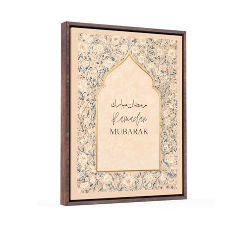 Ramadan Mubarak Canvas Wall Art, Elegant Arabic Calligraphy Islamic Home Decoration, Mihrab Arch Floral Design in Beige Gold, Muslim Home Prayer Room Eid Gift (Beige - Walnut Frame, 16L” x 12W) - color: Beige - Walnut Frame, size: 16"L x 12"W