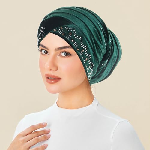 Rhinestone Hijab Turban Hats for Women Beanies Bandana Headwrap Cap Beanies Headwear Headscarf Undercap Turban Hat - color: Green