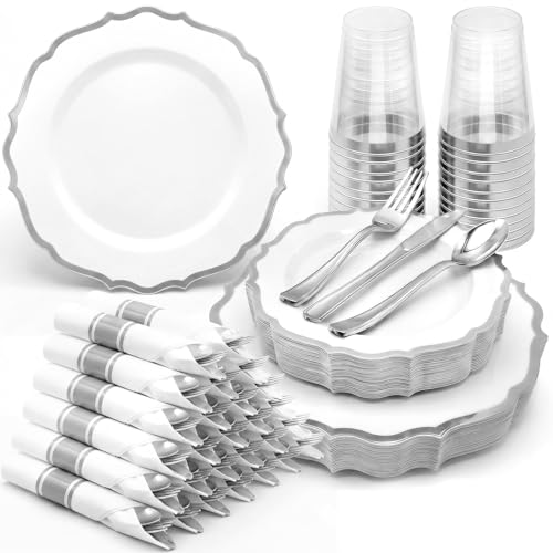 Glowserve 175Pcs Sliver Plastic Plates Disposable Party Plates for 25Guests - color: Sliver, size: 25guests(175PCS)