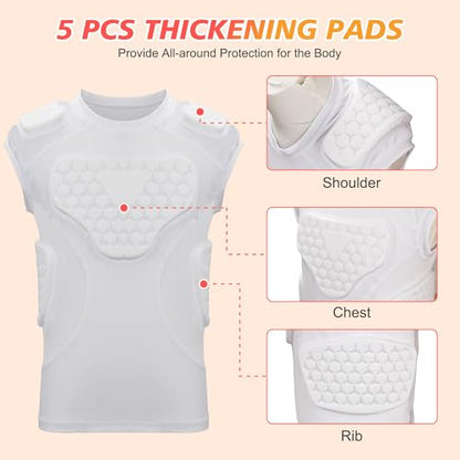 Youth Football Padded Shirt, Chest Rib Protector, Compression Padded Vest with 5-Pad for Sports Paintball Football Baseball Lacrosse - size: Large, style: White