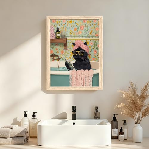 ICHZUMW Framed Funny Black Cat in Bathtub Canvas Bathroom Wall Art 16x24 In - color: Spa Kitty, size: 24"L x 16"W
