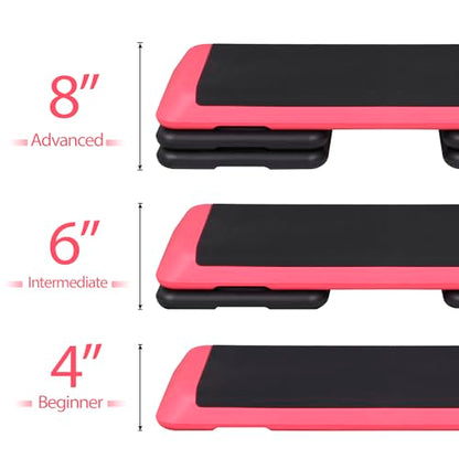 F2C 43 inch Aerobic Exercise Step Platform Adjustable Height Stepper Exercise Workout Step Bench with 4 Risers 4" - 6" - 8" Large Fitness Exercise Stair Step for Home Gym Fitness Training - color: Rose Pink