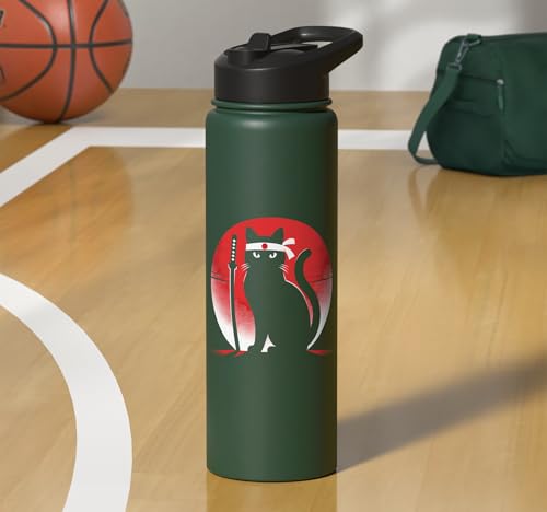 Japanese Cats Lovers Retro Cool Fighting Ninja Cat Fighter Stainless Steel Insulated Water Bottle - color: Dark Green