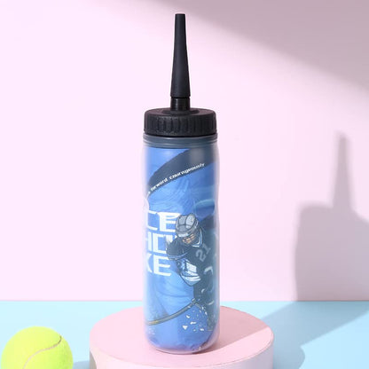 Squeeze Water Bottles 20 oz Hockey Lacrosse Football Boxing W/Sport Helmet w/Long Straw Cycling Gym（Blue）