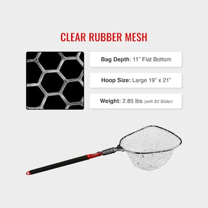 EGO S2 Slider Fishing Net Handle | Adjustable Extension Handle, Minimal Water Drag Design, Ergonomic Foam Grip for Landing Nets - size: 29" to 60" Handle, 19” x 21” Hoop, style: Lightweight Non-tangle Clear Rubber Mesh