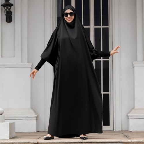 IDOPIP Muslim Abaya for Women One Piece Long Sleeve Islamic Prayer Dress with Hooded Hijab Maxi Kaftan Robe Modest Clothes - color: Black