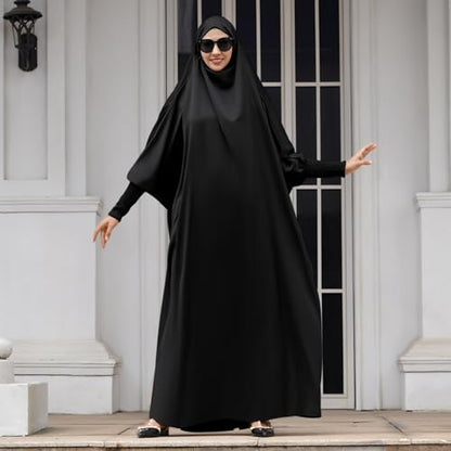 IDOPIP Muslim Abaya for Women One Piece Long Sleeve Islamic Prayer Dress with Hooded Hijab Maxi Kaftan Robe Modest Clothes - color: Black