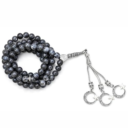 Amazing Gemstone Larvikite Tasbeeh with Moon and Star Charm - Certified Crystal Muslim Prayer Beads Natural Gemstone Tasbih Gift for Ramadan Dhikr and Daily Namaz (S) - color: Larvikite