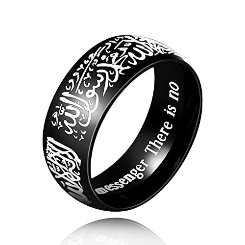 Uloveido Muslim Mohammad Arabic Letter Shahada Rings Gold Color Stainless Steel 8mm Wide Band Religious Allah Rings for Men and Women Y543 - color: Black
