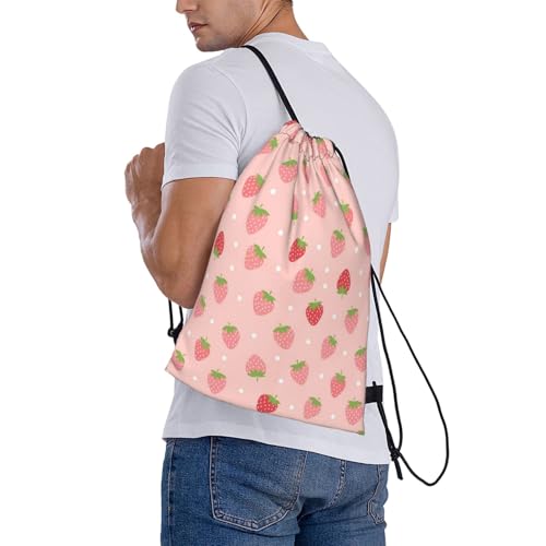 Unisex Polyester Drawstring Bag Cute Pink Strawberry Polka Dot, Large Capacity Gym Sack for Swimming and Beach Activities - color: Pattern (373)