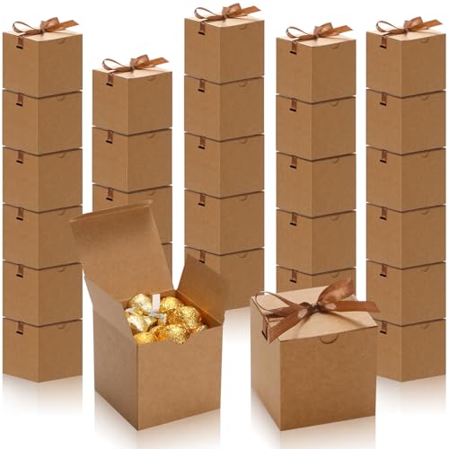 DOYIDE 60 Pcs Small Gift Boxes, 3x3x3 inches Kraft Paper Gift Box with Ribbons, Brown Candy Boxes for Christmas Wedding Favors Baby Shower Bridal Shower Birthday Party - color: Brown, size: 3x3x3inch(Pack of 60)
