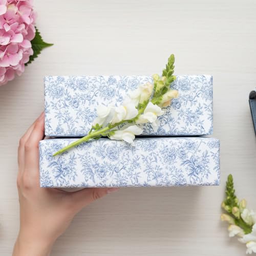 Keluna Blue Bow Flower Wrapping Paper - 12 Pcs Chinoiserie Light Blue Wrapping Paper for Baby Shower Girls Birthday Wedding Bridal Shower Gift Wrap Supplies - color: Chinoiserie flower