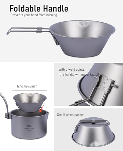 Titanium Bowl with Foldable Handle Ultralight Compact | Portable Flatware Tableware with Bag for Outdoor Camping Backpacking Hiking Travel Picnic