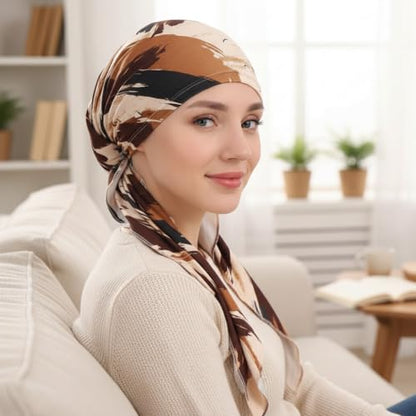 3 Packed Women's Pre Tied Head Scarves Slip On Chemo Beanies Hair Cover Headwrap Caps - color: A2-long Strap-3 Packed