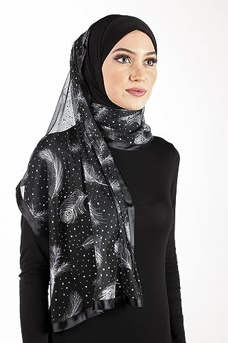 Stylish Mona Hijab Women's Black Kuwaiti with Chiffon Wrap Shawl & Satin Trim - color: Black With Silver Feathers