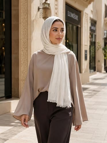 Cotton Linen Plain Hijab Scarf For Women,Muslim Viscose Crinkle Edge With Fringe,Summer Beach Wrap Headwraps Shawl - color: 29#white