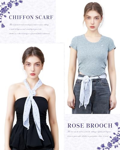 Chiffon Scarf for Women, Removable Flower Neck Scarf Light Soft Fashion Rose Scarves Versatile Headband or Hair Band - color: Lavender Dot
