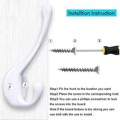 10 Pack Heavy Duty Dual Coat Hooks Wall Mounted with 20 Screws Retro Double Hooks Utility Black Hooks for Coat, Scarf, Bag, Towel, Key, Cap, Cup, Hat (White) | Heavy Duty Dual Coat Hooks Wall Mounted Retro Utility Hooks for Scarf, Towel, Key, Cap, Cup, Ha