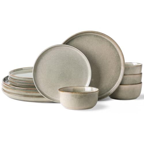 AmorArc Stoneware Dinnerware Sets for 4, 12 Piece Plates and Bowls Sets - color: Reactive Glaze, size: Service for 4