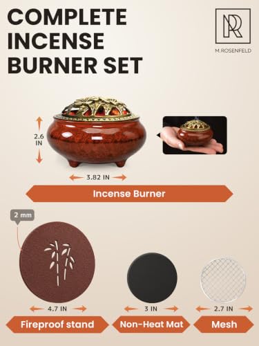 Resin Incense Burner for Frankincense & Bakhoor – Ceramic Charcoal Incense Burner with Lid, Stainless Steel Mesh and Heat-Resistant Lining for Altar & Meditation, Glazed Red - color: Red