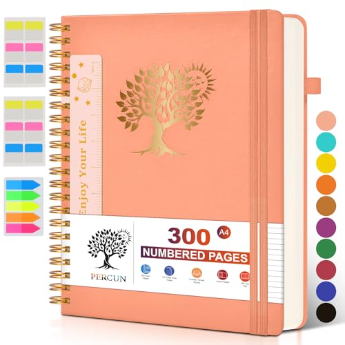 Large Spiral Notebook Journal for Women Men - 300 Numbered Lined Pages, College Ruled, A4 Hardcover Spiral Bound Notebook for School, Work, Note Taking, Writing, Leather Spiral Journal 8.5"x11" - color: Pink, size: A4 size (8.5in x 11.5in)
