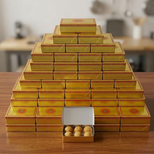 LOVENSPIRE Mandala Design Empty Sweet Boxes for Mithai, Ladoo, Cookies & Dry Fruits Treats – Small Cardboard Containers for Wedding, Pooja, Housewarming, & Indian Return Gift Packaging 500g (50 Pcs) - color: 500g, size: 1 Count (Pack of 50)