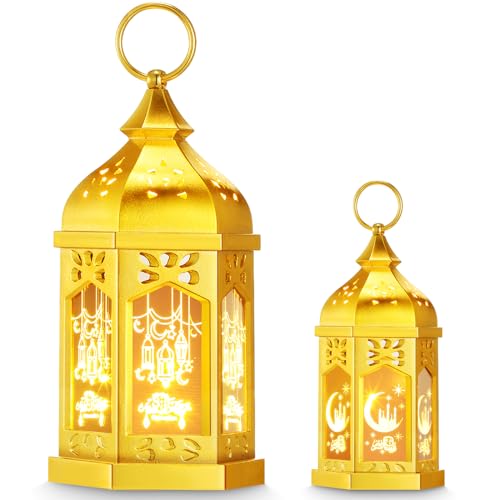 Threan 2 Pcs Ramadan Lantern Lights, 6.9" & 11" Golden LED Ramadan Eid Decorations with Star and Moon Pattern, Hanging Lights for Muslim Home, Patio, Table, Wedding Centerpieces Islamic Festival Decor