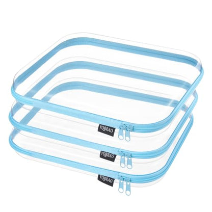 YQBRAO 3-Pack Large Clear Hard Shell Zipper Case, 1.2mm Rigid Toy & Cosmetic Bags, Heavy-Duty Diaper Bag Pouch Set with YKK Zippers, Waterproof Travel & Makeup Storage (Blue) - color: Blue, size: 3 Pack(L)