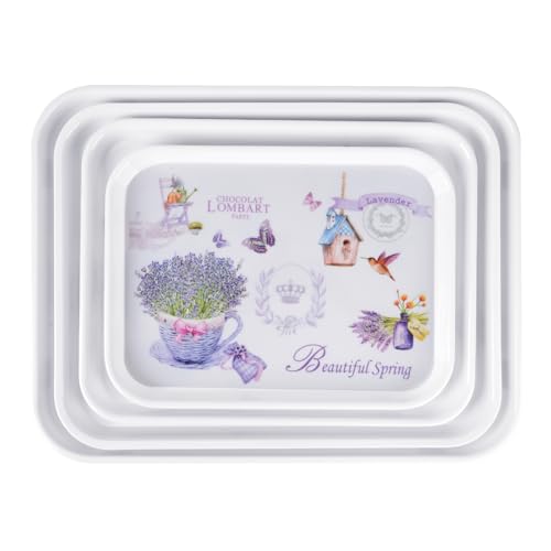 4-Pack Melamine Serving Trays Rectangle Floral Platter, Lavender - color: Lavender