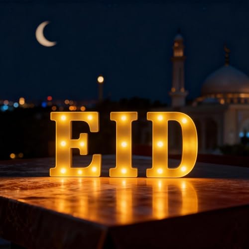 Eid Decorations, Letter Sign LED Lights Battery Powered, Light Up Home Table Decor Hanging Decorations Indoor Outdoor