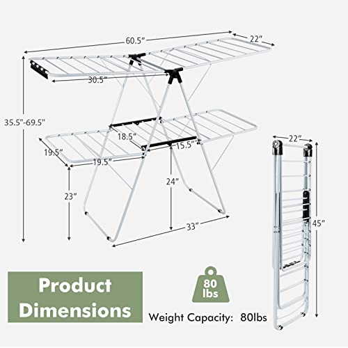 GOFLAME 2-Tier Clothes Drying Rack, Folding Laundry Dry Rack with Adjustable Supporting Bar, 26 Premium Clips, Space-Saving & Collapsible Laundry Hanger for Easy Storage, No Assembly Needed - size: 60.5” x 22” x 35.5”