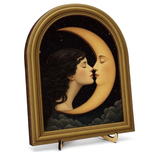 3D Vintage Moon Desk Decor Sign, Romantic Girl Kiss Crescent Moon Framed Wall Art Sign for Home Bedroom Living Room Desk Wall Shelf Aesthetic Decor 8x10 Inch - color: Funny-3