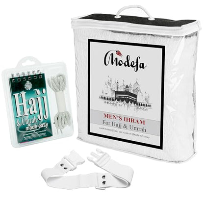 Modefa Ihram for Umrah Men Towel Set - Comfortable Unsewn Ahram Hajj Essentials for Men Umrah Essentials Ehram - 110 x 220cm per Towel 2 Towels Turkish 100% Cotton 1500 Grams (Ihram + Belt + Booklet) - style: Ihram + Belt + Booklet