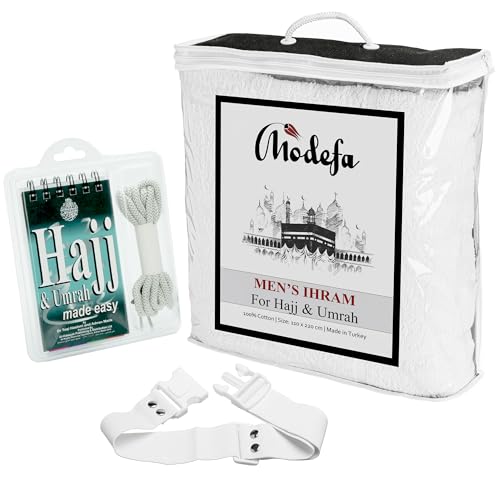 Modefa Ihram for Umrah Men Towel Set - Comfortable Unsewn Ahram Hajj Essentials for Men Umrah Essentials Ehram - 110 x 220cm per Towel 2 Towels Turkish 100% Cotton 1500 Grams (Ihram + Belt + Booklet) - style: Ihram + Belt + Booklet
