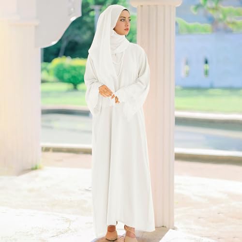 Prayer Clothes for Muslim Women Long Sleeve One-Piece Islamic Prayer Dress O Neck Slim Fit Islamic Evening Gown - color: White, size: Large
