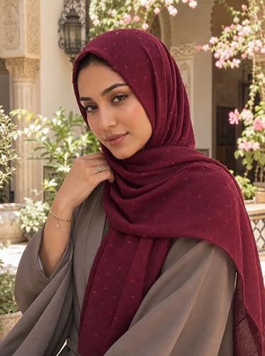 Chiffon Dotted Hijab Scarf for Women, Lightweight Textured Head Wrap Shawl,Soft Muslim Headscarf for Spring Fall - color: Mcmqxf2531-5#wine