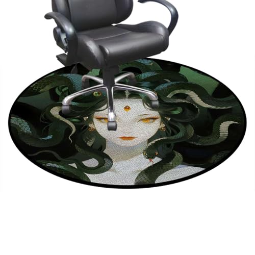 Mythical Creature Round Office Chair Mat - Serpent Hair Art Non-Slip Multi-Purpose Desk Chair Mat for Hardwood, Tile, and Carpet Floors, Home Use Emerald Azure Diameter 35.4 in - color: Mythical Creature_0622, size: Diameter 35.4 in