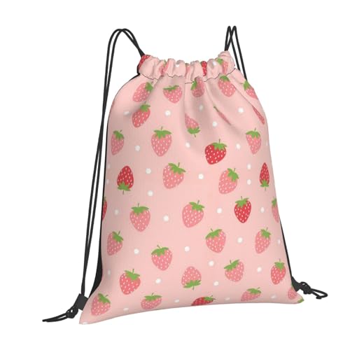 Unisex Polyester Drawstring Bag Cute Pink Strawberry Polka Dot, Large Capacity Gym Sack for Swimming and Beach Activities - color: Pattern (373)