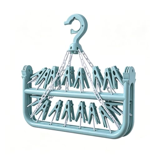 SteelFever Clothes Drying Hanger with 32 Clips, Foldable Hanging Drying Rack for Clothes Underwear Socks (Nordic Blue) - color: Nordic Blue