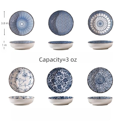 6 Pack 3 oz Small Soy Sauce Dish Ceramic Dipping Sauce Bowls | Japanese Style/Cute/Mini Dipping Bowls for Sushi,Side Dish,Ketchup,Dips,Condiment,Snack/BBQ Party/Stackable - color: cyan blue
